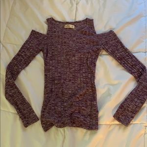 purple cut shoulder shirt